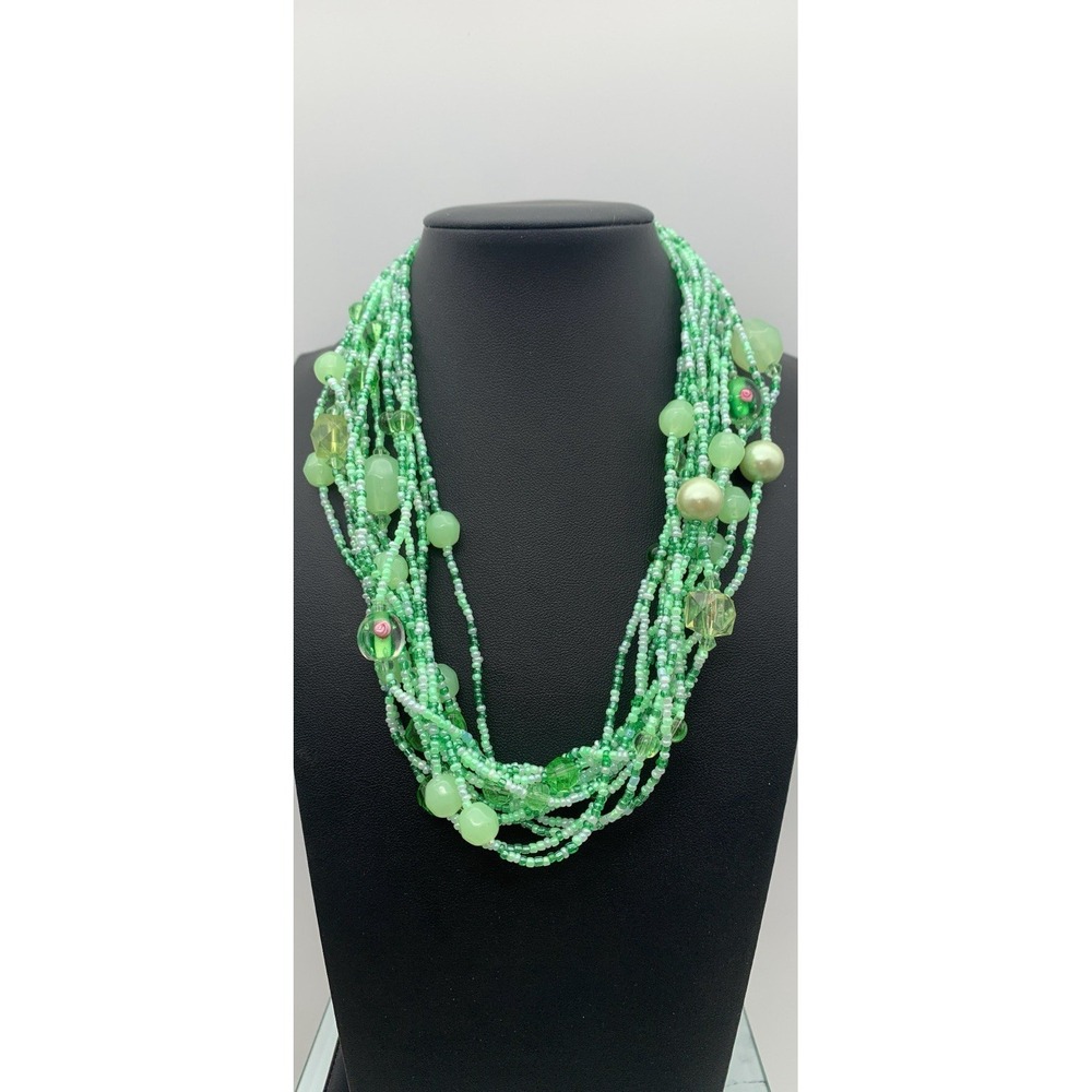 Multi Layered Pale Green Seed Bead Necklace Art Glass Faux Pearl‎ Accent Beads